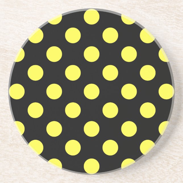 Yellow polka dots on black backgound coaster (Front)