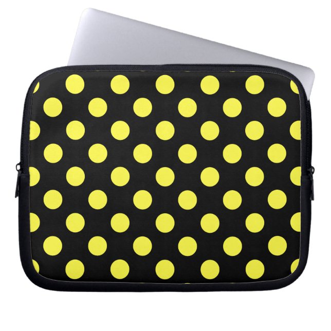 Yellow polka dots on black backgound laptop sleeve (Front)
