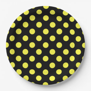 Yellow polka dots on black backgound paper plate