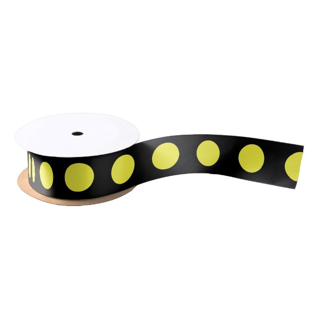 Yellow polka dots on black backgound satin ribbon (Spool)