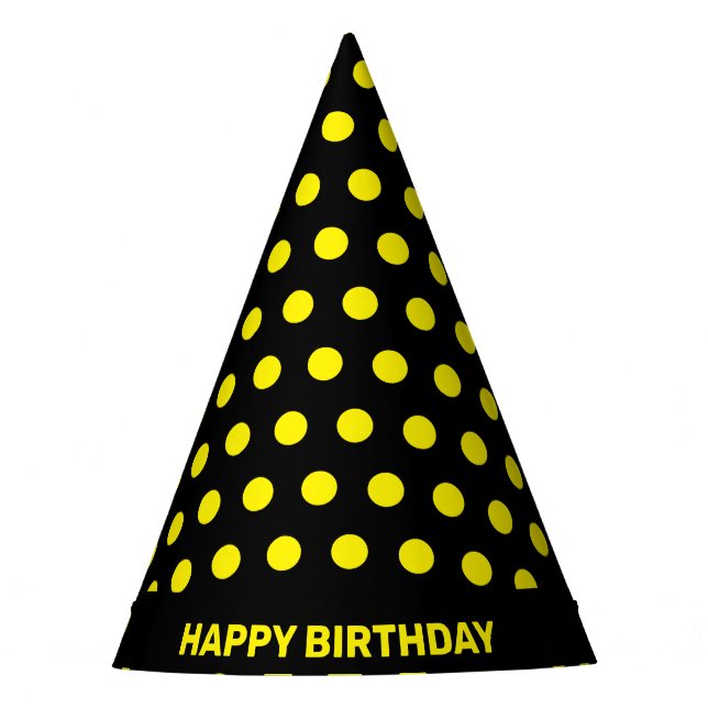 Yellow Polka Dots on Black Happy Birthday Party Hat (Front)