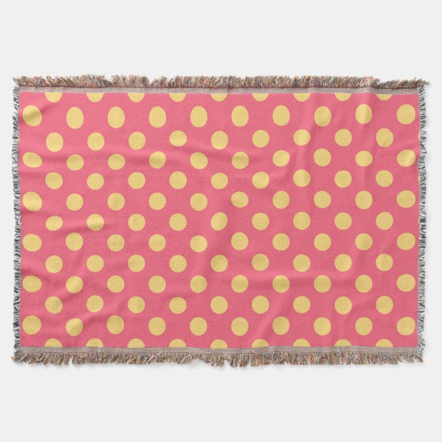 Yellow polka dots on coral throw blanket (Front)