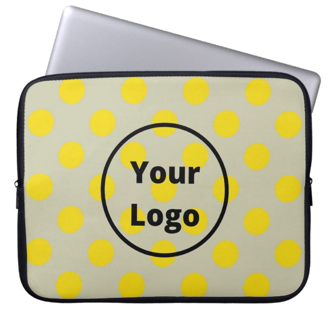 Yellow polka dots on tan laptop sleeve (Front)