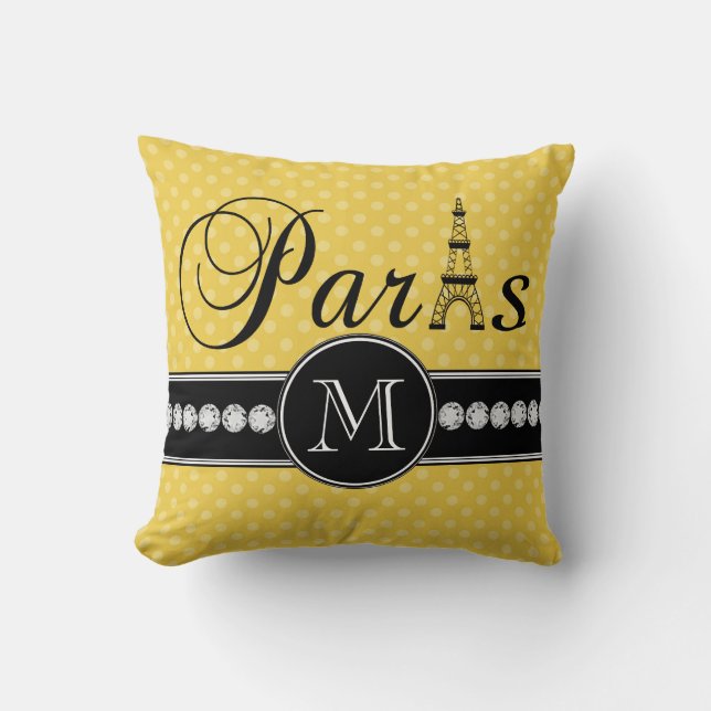 Yellow Polka Dots Paris Monogrammed Cushion (Front)
