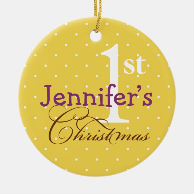 Yellow polka dots purple name baby first holiday ceramic tree decoration (Front)