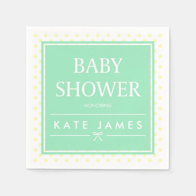 Yellow Polka Dots, Ribbon and Mint Baby Shower Napkin (Front)