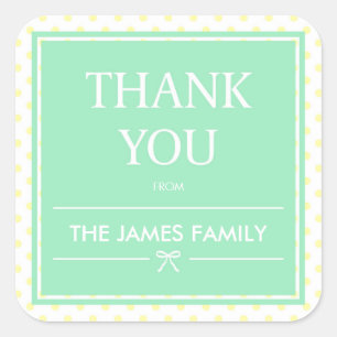 Yellow Polka Dots & Ribbon Mint Thank You Square Sticker