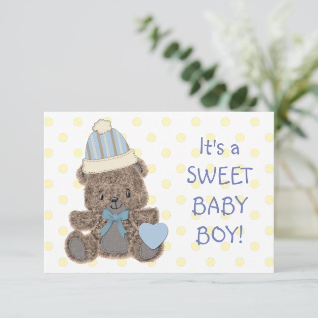 Yellow Polkadot Bear Baby Boy Birth Announcement (Standing Front)