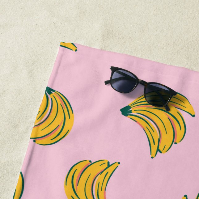 Yellow Pop Art Banana Pattern on Pink Background Beach Towel (In Situ)