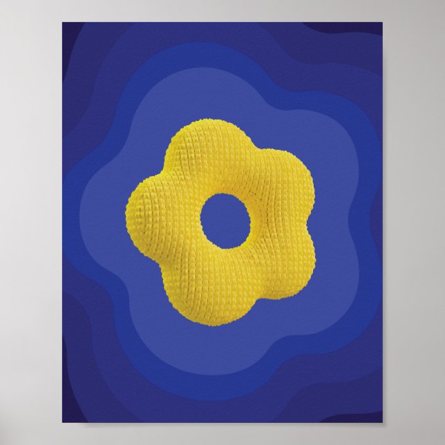 Yellow pop flower art poster in blue  (Front)