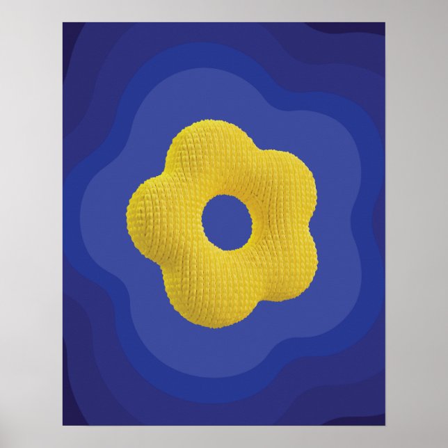 Yellow pop flower art poster in blue  (Front)