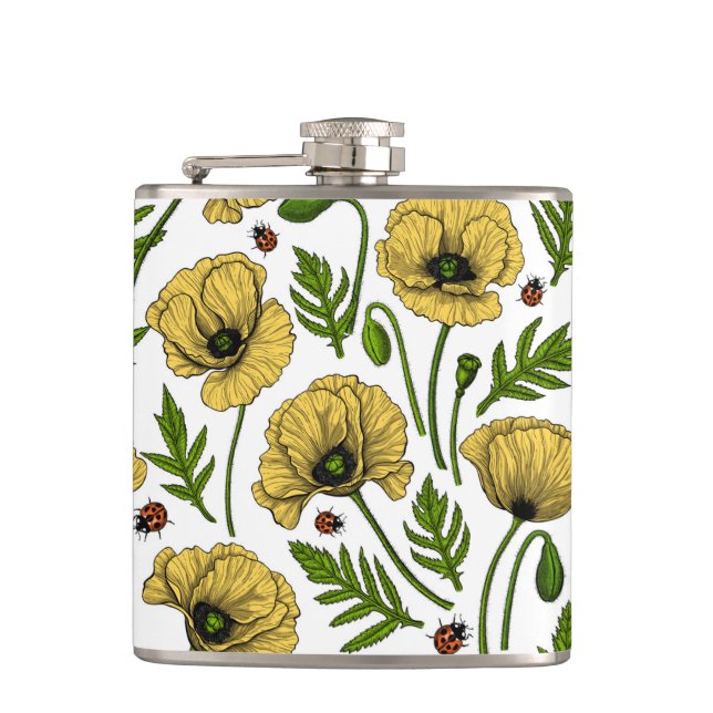 Yellow poppies and ladybugs hip flask (Front)