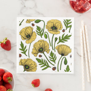 Yellow poppies and ladybugs napkin