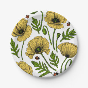 Yellow poppies and ladybugs paper plate