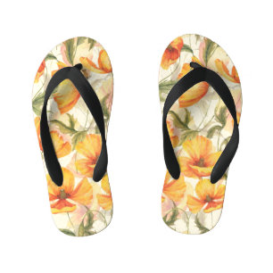 Yellow poppies: hand-drawn watercolor pattern. kid's flip flops
