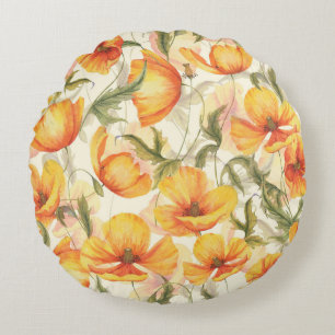 Yellow poppies: hand-drawn watercolor pattern. round cushion