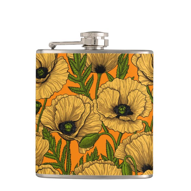 Yellow poppies hip flask (Front)