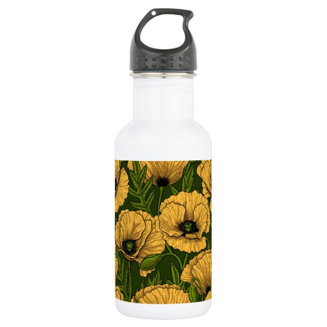 Yellow poppies on dark green 532 ml water bottle (Front)