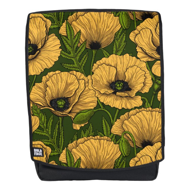 Yellow poppies on dark green backpack (Front)