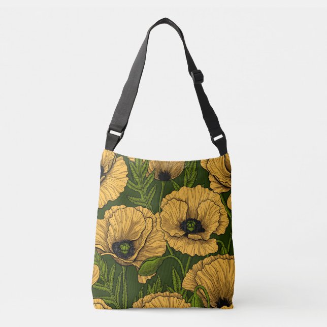 Yellow poppies on dark green crossbody bag (Front)