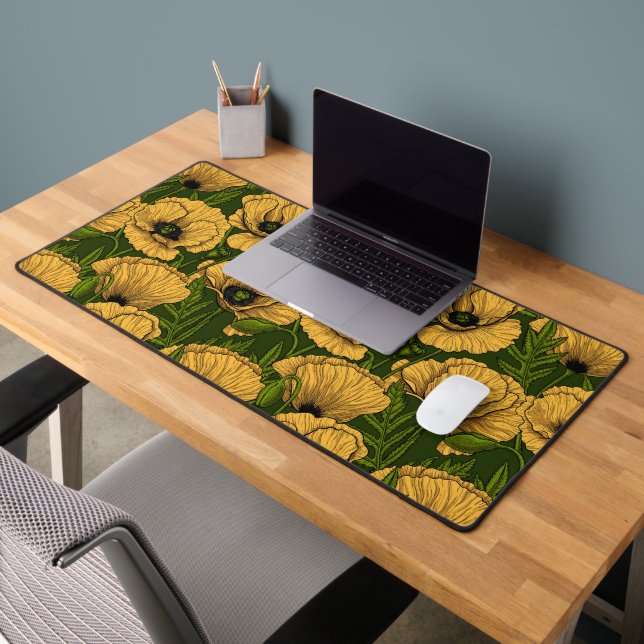 Yellow poppies on dark green desk mat (Office 2)