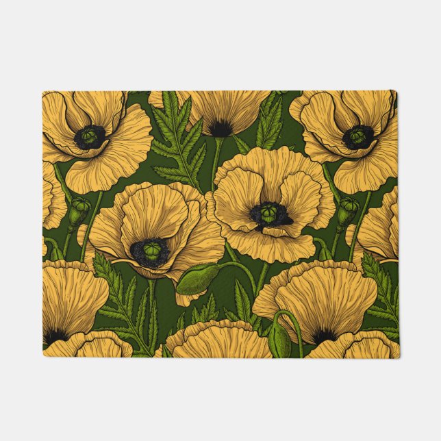 Yellow poppies on dark green doormat (Front)