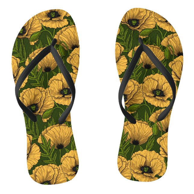 Yellow poppies on dark green flip flops (Footbed)