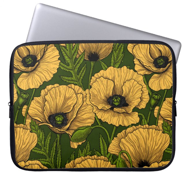 Yellow poppies on dark green laptop sleeve (Front)