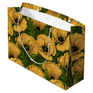 Yellow poppies on dark green large gift bag