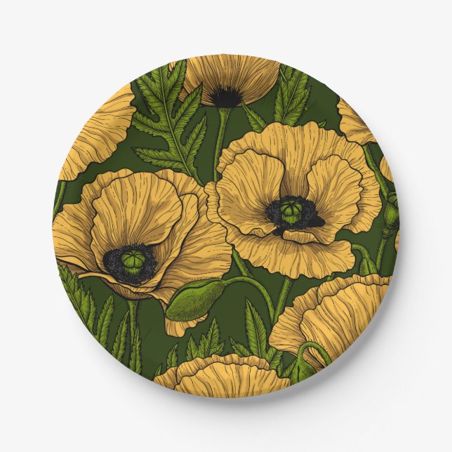 Yellow poppies on dark green paper plate (Front)