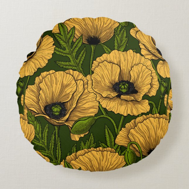 Yellow poppies on dark green round cushion (Front)