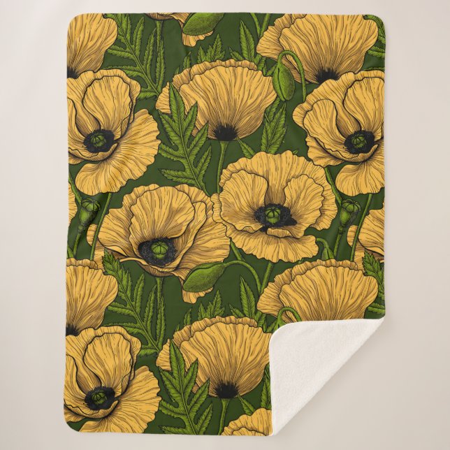 Yellow poppies on dark green sherpa blanket (Front)