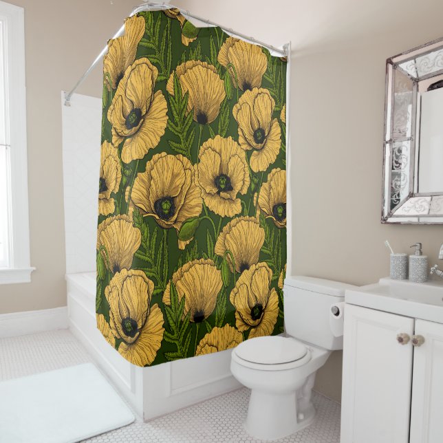 Yellow poppies on dark green shower curtain (In Situ)