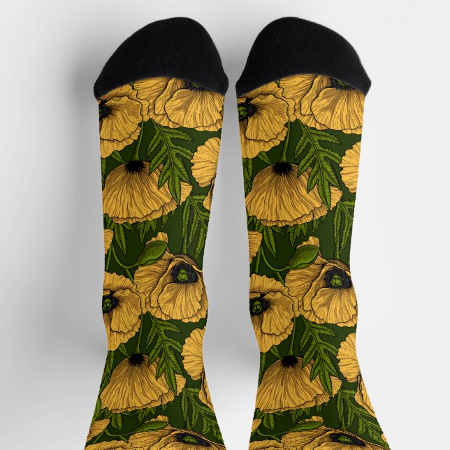 Yellow poppies on dark green socks (Top)