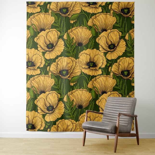 Yellow poppies on dark green tapestry (In Situ)