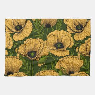 Yellow poppies on dark green tea towel