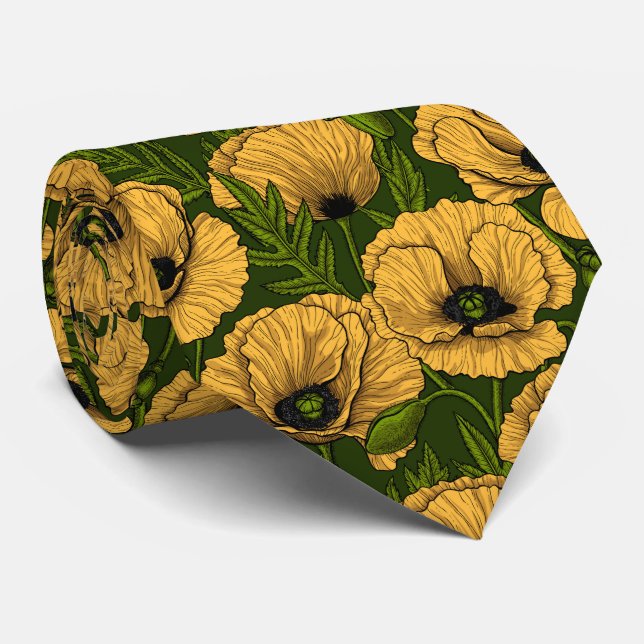 Yellow poppies on dark green tie (Rolled)