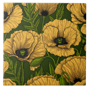 Yellow poppies on dark green tile