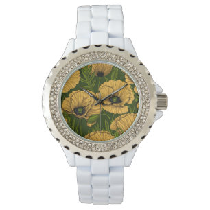 Yellow poppies on dark green watch