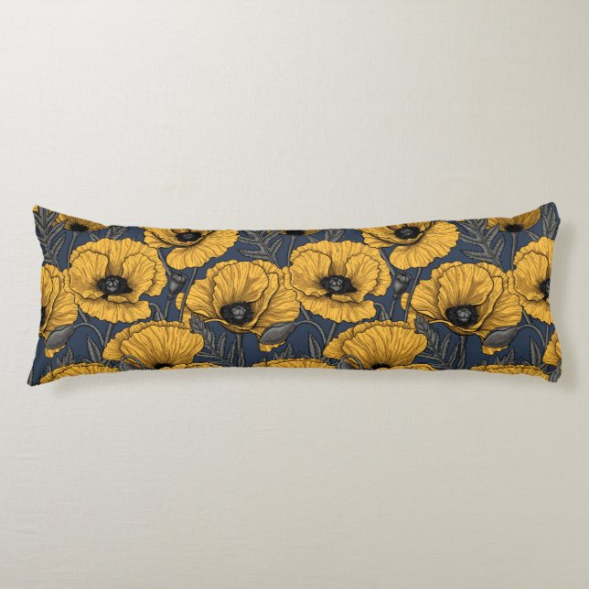 Yellow poppies on navy body cushion (Front)