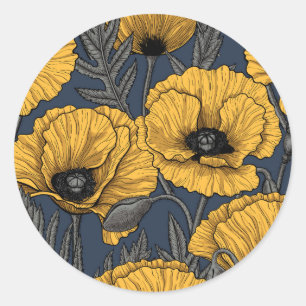 Yellow poppies on navy classic round sticker