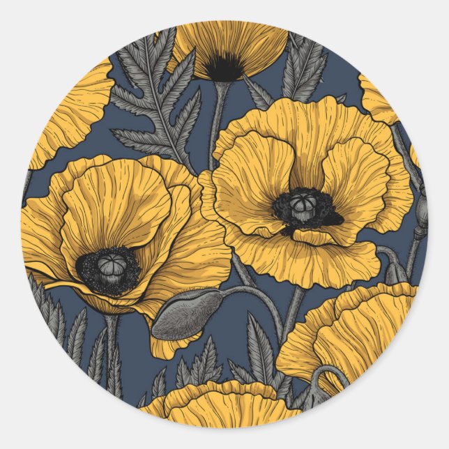 Yellow poppies on navy classic round sticker (Front)