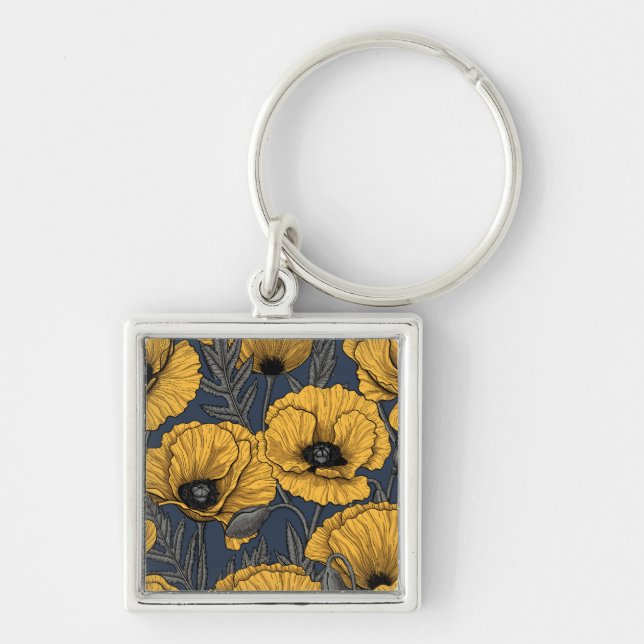 Yellow poppies on navy key ring (Front)