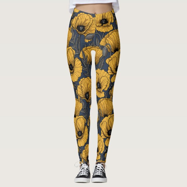 Yellow poppies on navy leggings (Front)