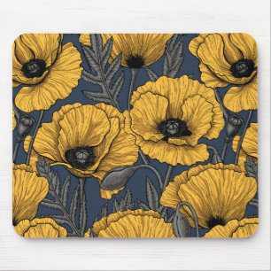 Yellow poppies on navy mouse mat
