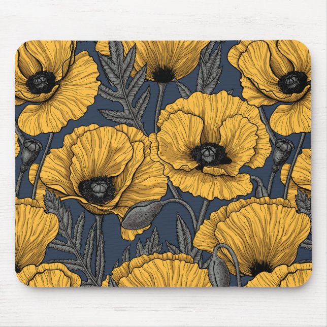 Yellow poppies on navy mouse mat (Front)