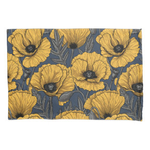 Yellow poppies on navy pillowcase