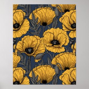 Yellow poppies on navy poster