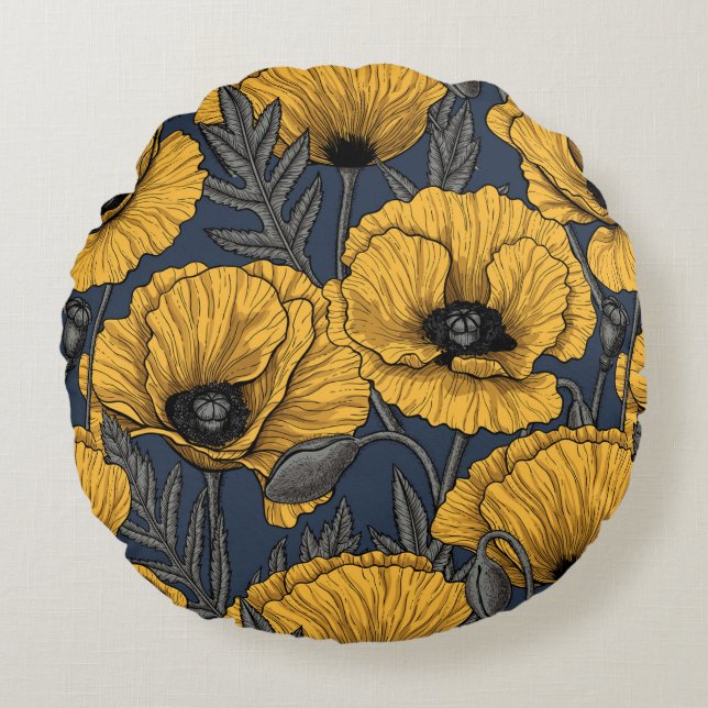 Yellow poppies on navy round cushion (Front)
