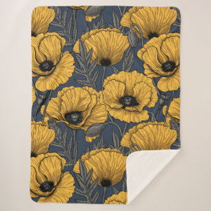 Yellow poppies on navy sherpa blanket